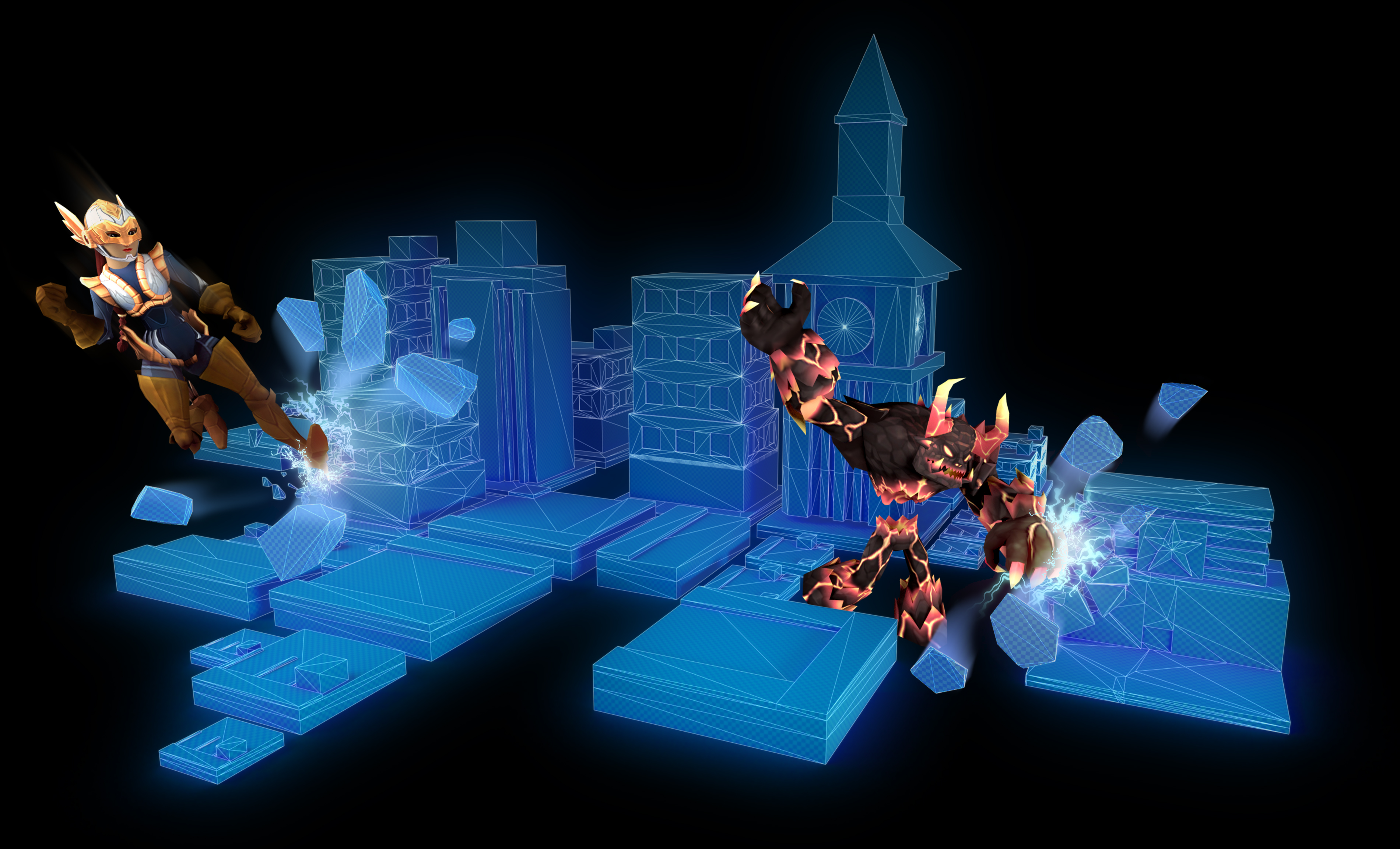 ROBLOX charecters destroying a holographic city.